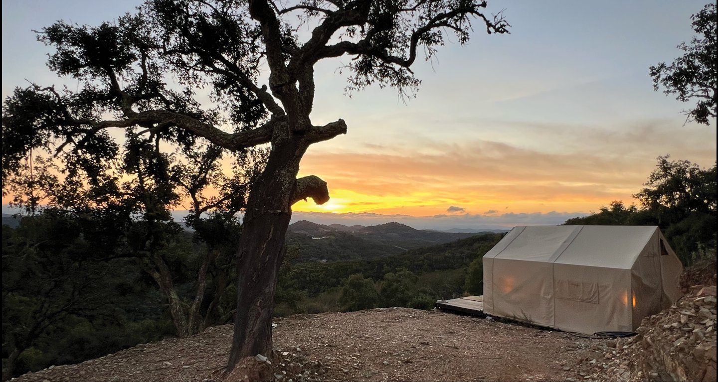 A Safari tent on the cliff edge at Monte Flecha, with a cork oak and the sun setting over the Serra do Caldeirão